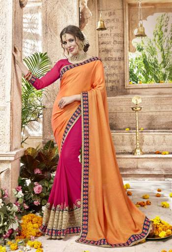 Bright And Visually Appealing Designer Saree Is Here In Orange And Pink Color Paired With Pink Colored Blouse. This Saree Is Fabricated On Art Silk And Georgette Paired With Art Silk Fabricated Blouse. Its Rich Fabric And Embroidery Will Earn You Lots Of Compliments From Onlookers.