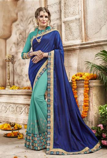 Grab This Saree In Cool color Pallete With Blue And Sea Green Color Paired With Sea Green Colored Blouse. This Saree Is Fabricated On Art Silk And Georgette Paired With Art Silk Fabricated Blouse. It Is Light In Weight And Easy To Carry All Day Long.