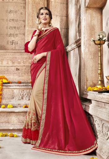 Adorn The Angelic Look Wearing This Red And Beige Colored Saree Paired With Red Colored Blouse. This Saree Is Fabricated On Silk Chiffon And Georgette Paired With Art Silk Fabricated Blouse. Buy This Pretty Saree Now.