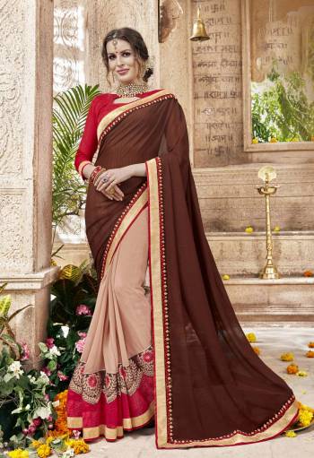 Add This Lovely Designer Saree To Your Wardrobe In Brown And Peach color Paired With Red Colored Blouse. This Saree Is Fabricated On Georgette Paired With Art Silk Fabricated Blouse. This Saree Is Light In Weight And Easy to Carry All Day Long.