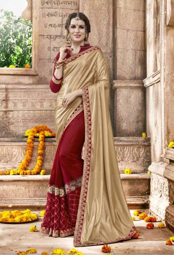 Earn Lots Of Compiments Wearing This Rich Looking Saree In gold And Maroon Paired With Maroon Colored Blouse. This Saree Is Fabricated On Lycra And Georgette Paired With Art Silk Fabricated Blouse. Buy This Saree Now.