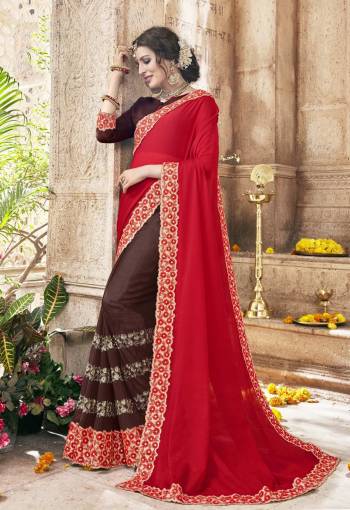 New And Attractive Combination Is Here In This Saree With Red And Wine Color Paired With Wine Colored Blouse. This Saree Is Fabricated On Georgette Paired With Art Silk Fabricated Blouse. This Saree Will Defintely Earn You Lots Of Compliments From Onlookers.