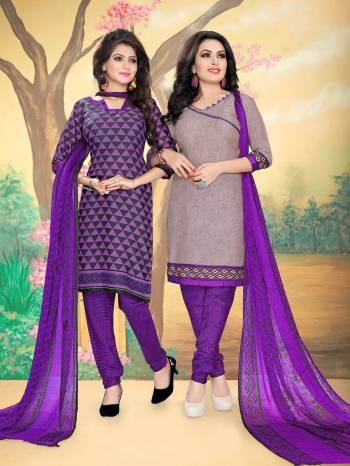 Here Are The Dress Materials For Your Casual Wear With Two Tops. One Is In Black And Purple Color Another In Mauve Color Paired With Purple Colored Bottom And Dupatta. Its Top And  Are Fabricated On Cotton Paired With Chiffon Dupatta. This Dress Is Available At Very Resonable Rate.