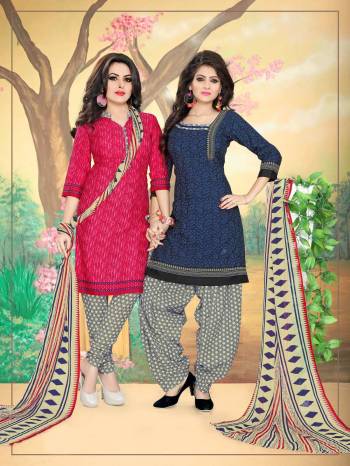 Get Two Suits In Price Of One. Grab This Dress Material With Two Different Colored Tops Paired With Off-White Colored Bottom And Dupatta. Its Tops And bottom Are Fabricated On Cotton Paired With Chiffon Dupatta. Its Fabrics Ensures Superb Comfort All Day Long.