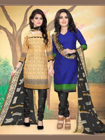 For Your Causal Wear. Here Is a Two-In-One Suit Available With Two Different Tops. Its One Top Is In Beige color And another In Navy Blue Color Paired With Black Colored Bottom And Dupatta. All Its Fabrics Ensures Superb Comfort All Day Long. Buy Now.