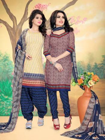 Adorn Two Looks In Price Of One With This Two-in-one Dress Material In Beige Colored Top And Another In Multi Colored Top Paired With Blue Colored Bottom And Dupatta. Its Tops And Bottom  Are Fabricated On Cotton Paired With Chiffon Dupatta. 