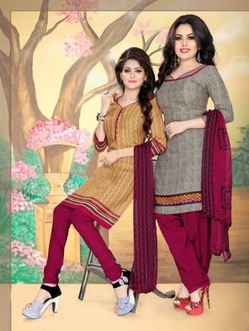 If You Are Working Lady Than This Dress Material Is Perfect For Your Which Gives You Two Looks In Price Of One. It Has Two Tops One Is In Light Brown Color And Another In Grey Color Paired With Common Magenta Pink Colored Bottom And Dupatta. Its Top And Bottom Are Fabricated On Cotton Paired With Chiffon Dupatta. Get This Stitched As per Your Desired Fit And Comfort.