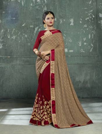 For A Queen Like Look, Grab This Beige And Maroon Colored Saree Paired With Maroon Colored Blouse. This Saree Is Fabricated On Net And Georgette Paired With Art Silk Fabricated Blouse. Both Its Fabrics Ensures Superb Comfort All Day Long.