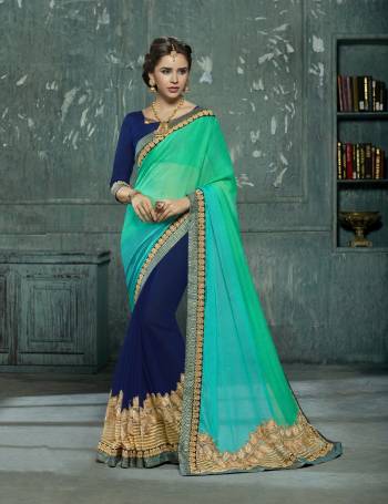 Add this Pretty Saree With Cool Color Pallete In Sea Green And Navy Blue Colored Saree Paired With Navy Blue Colored Blouse. This Saree Is Fabricated On Silk Chiffon And Georgette Paired With  Paired With Art Silk Fabricated Blouse. It Has Attractive Embroidery Over Lace Border. Buy It Now.