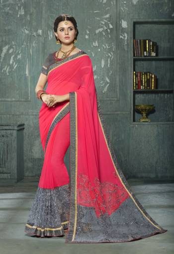 Bright And Visually Appealing Saree Is Here In Pink And Grey Color Paired With Grey Colored Blouse. This Saree Is Fabricated On Georgette And Net Paired With Art Silk Fabricated Blouse. This Saree Is Beautified With Resham Embroidery And Pearl Work. Buy It Now.