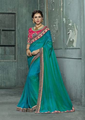 New Shade Of Green Is Here With This Teal Green Colored Saree Paired With Contrasting Dark Pink Colored Blouse. This Saree Is Fabricated On Silk Paired With Art Silk Fabricated Blouse. Its Has Beautiful Embroidery Over The Blouse. Buy This Designer Saree Now.