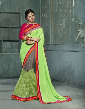 Celebrate This Festive Season With Some Trendy Saree In  Green And Grey Color Paired With Contrasting Fuschia Pink Colored Blouse. This Saree Is Fabricated On Silk Chiffon And Net Paired With Art Silk Fabricated Blouse. It Is Durable And Easy To Care For.