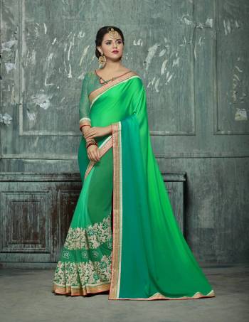 Green Color Signifies Peace So Grab This Saree In Green Color Paired With Green Colored Blouse. This Saree Is Fabricated On Silk And Net Paired With Art Silk Fabricated Blouse. This Saree Is Easy To Drape And Also Easy To Carry All Day Long.