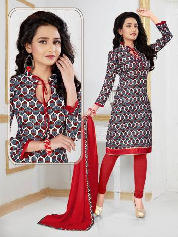 For Your Casual Wear Grab This Dress Material In Grey Color Paired With Red Colored Bottom And Dupatta. Its Top And Bottom Are Fabricated On Cotton Paired With Chiffon Dupatta. Get This Stitched As Per Your Desired Fit And Comfort. Buy Now.