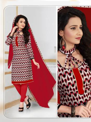 If Those Readymade Suit Does Not Lend You The Desired Comfort Than Grab This Dress Material In Off-White And Red Color Paired With Red Colored Bottom And Dupatta. Its Top And Bottom Are Fabricated On Cotton Paired With Chiffon Dupatta. Get This Stitched As Per Your Desired Fit And Comfort.