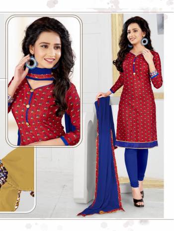 Comfort Is The First Priority When You Look For Your Casuals So Grab This Dress Material And Get This Stitched As Per Your Desired Fit And Comfort. Its Top Is In Red Color Paired With Contrasting Blue Colored Bottom and Dupatta. Buy Now.