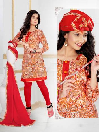 Grab This Dress Material At A Very Resonable Rate in Light Orange Color Paired With Red Colored Bottom And Dupatta. Its Top and Bottom Are Fabricated On Cotton Paired With Chiffon Dupatta. It Is Beautified With Prints All Over The Top. Buy Now.