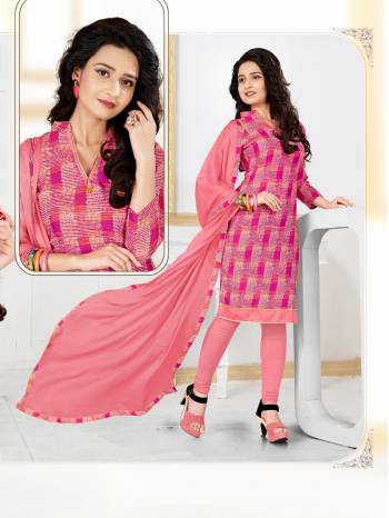 Look Pretty Wearing This Suit In Pink Color Paired With Dusty Pink Colored Bottom And Dupatta. Its Top And Bottom Are Fabricated On Cotton Paired With Chiffon Dupatta. Get This Stitched As Per Your Desired Fit And Comfort. Buy Now.