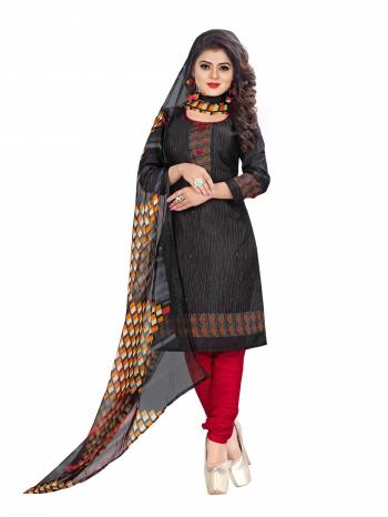 Enhance Your Beauty with This Dress Material In Black Color Paired With Red Colored Bottom And Black Colored Dupatta. Its Top and Bottom Are Fabricated On Cotton Paired With Chiffon Dupatta. It Is Soft Towards Skin And Easy To Carry All Day Long.