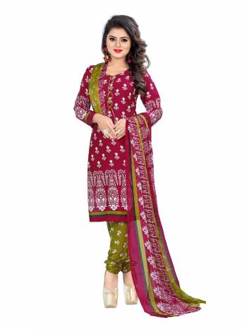 Dark Colors Are Perfect For Your Daily Wear So Grab This Dress Material In Magenta Pink color Paired With Olive Green Colored Bottom And Magenta Pink Dupatta. Its Top and Bottom Are Fabricated On Cotton Paired With Chiffon Dupatta. It Is Light Weight And Easy To Carry All Day Long.