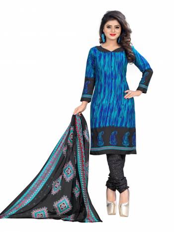 Perfect Suit For Your Casual Wear Is Here In Blue Color Paired With Black Colored Bottom And Dupatta. Its Top And Bottom Are Fabricated On Cotton Paired With Chiffon Dupatta. It Is Beautified With Simple Prints All Over It.