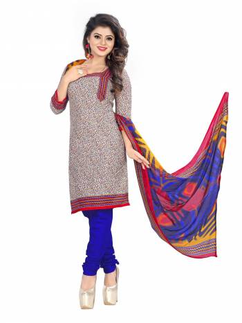 Go Colorful With This Dress Material In Multi Colored Top Paired With Blue Colored Bottom And Multi Colored Dupatta. Its Top And Bottom Are Fabricated On Cotton Paired With Chiffon Dupatta. This Suit Ensures Superb Comfort All Day Long. Buy Now.