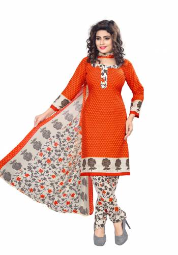 Shine Bright Wearing This Suit In Orange Colored Top Paired With White Colored Bottom And Dupatta. This Dress Material Is Fabricated On Cotton Paired With Chiffon Dupatta. Get This Stitched As Per Your Desired Fit And Comfort.