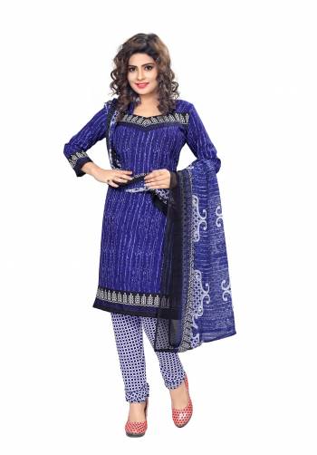 Casuals Are The Best Attire For Your Comfort So Grab This Dress Material In Blue Color Paired With White And Blue Colored Bottom And Blue Colored Dupatta. This Dress Material Is Fabricated On Cotton Paired With Chiffon Dupatta. Get This Stitched As Per Your Desired Fit And Comfort.