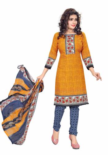 Beautiful Combination Is Here With This Dress Material In Musturd Yellow Color Paired With Grey Colored Bottom And Multi Colored Dupatta. Its Top And Bottom Are Fabricated On Cotton Paired With Chiffon Dupatta. It Is Light Weight And Easy To Carry All Day Long. 