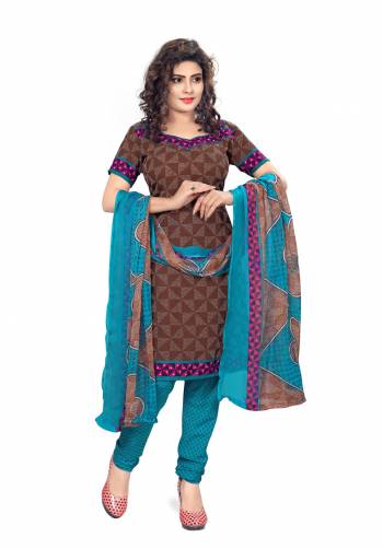 Grab This Dress Material For Your Daily Wear In Brown Color Paired With Blue Colored Bottom And Dupatta. Its Top and Bottom Are Fabricated On Cotton Paired With Chiffon Dupatta. Get This Stitched As Per Your Desired Fit And Comfort. 