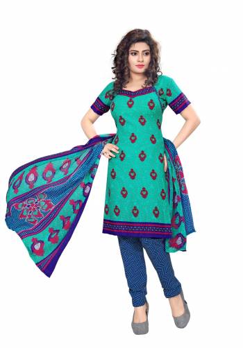 Cool Color Pallete Is Used In This Casual Suit. Its Top Is In Sea Green Color Paired With Blue Colored Bottom And Multi Colored Dupatta. This Dress Material Is Fabricated On Cotton Paired With Chiffon Dupatta. It Is Light In Weight And Easy To Carry All Day Long.