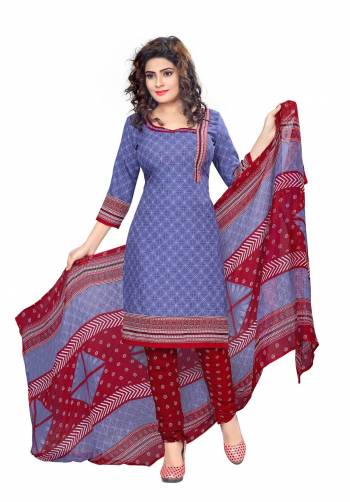 Add This Simple Dress Material To Your Wardrobe In Purple Color Paired With Contrasting Maroon Colored Bottom And Maroon And Purple Dupatta. Its Top And Bottom Are Fabricated On Cotton Paired With Chiffon Dupatta. It Is Light In Weight And Easy To carry All day Long.