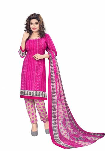 Bright And Visually Appealing Color Is Here In This Dress Material Wih Pink Colored Top Paired With Cream Colored Bottom And Multi Colored Dupatta. Its Top And Bottom Are Fabricated On Cotton Paired With Chiffon Dupatta. Get This Stitched As Per Your Daily Wear Comfort.