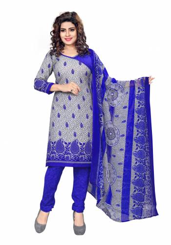 A Perfect Suit For Your Daily Wear Is Here In Grey And Royal Blue Color Paired With Royal blue Colored Bottom And Royal blue & Grey Colored Dupatta. This Dress Material Is Fabricated On Cotton Paired With Chiffon Dupatta. Get This Stitched As Per Your Comfort And Size For Your Casual Wear.