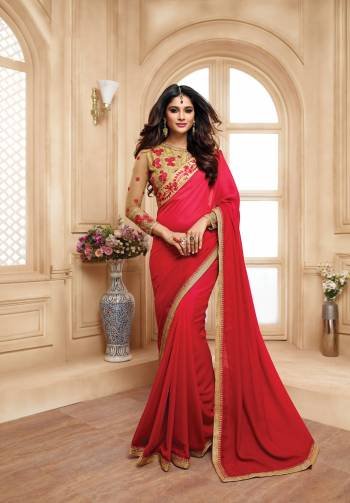 Celebrate This Festive Season Wearing This Trendy Designer Saree Which Also Ensures Superb Comfort All Day Long. This Saree Is In Dark Pink Color Paired With Beige Colored Blouse. It Is Fabricated On Satin Georgette Paired With Art Silk And Net fabricated Blouse. Both The Fabircs Ensures Superb Comfort Throughout The Gala.