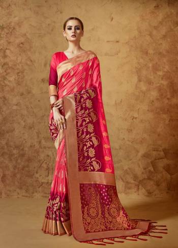 Shine Bright Wearing This Fuschia Pink Colored Saree Paired With Fuschia Pink Blouse. This Saree And Blouse Are Fabricated On Banarasi Art Silk Beautified With Weave All Over It. This Saree Is Easy To Drape And Carry All Day Long. 