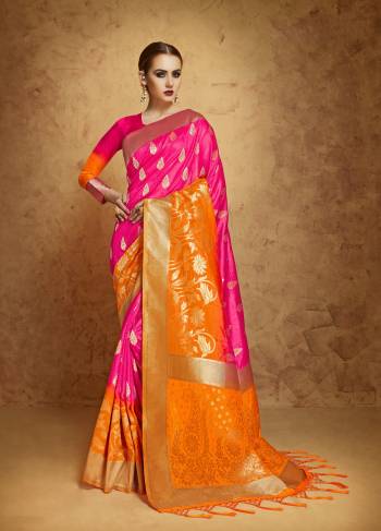 Bright And Visually Appealing Colors Are Here With This Banarasi Saree In Fuschia Pink And Orange Color Paired With Fuschia Pink Colored Blouse. This Saree And Blouse Are Fabricated On Banarasi Art Silk Beautified With Weave All Over It.