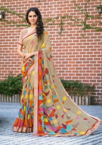 For Your Semi-Casual wear, Here Is A Very Pretty Saree In Beige And Multi Color Paired With beige Colored Blouse. This Saree Is Fabricated On Georgette Paired With Satin Fabricated Blouse. It Is Beautified With Color Blocks Over The Saree Pallu.