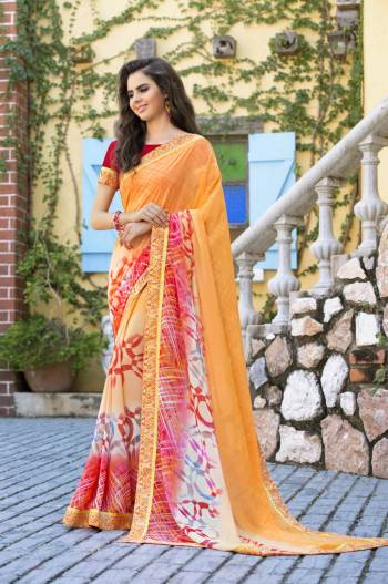 Orange And Red Color Induces Perfect Summery Appeal To Any Outfit So Grab This Saree In Orange Color Paired With Contrasting Red Colored Blouse. This Saree Is Fabricated On Georgette Paired With Satin Fabricated Blouse. It Is Light In Weight And Easy To Carry All Day Long.