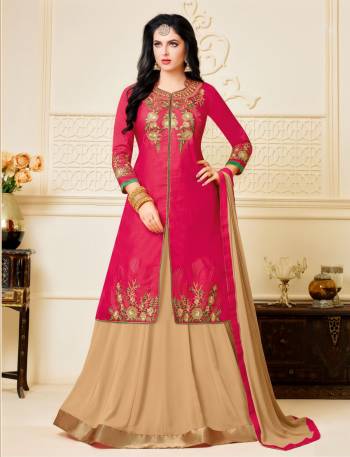 Attract All Wearing This Attractive Indo-Western Suit In Pink Color Paired With Beige Colored Lehenga And Dupatta. Its Top Is Fabricated On Art Silk Paired With Georgette Fabricated Lehenga And Chiffon Dupatta. Its All Three Fabrics Ensures Superb Comfort All Day Long.