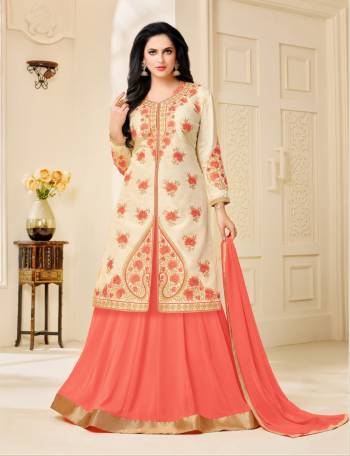 Look Pretty Wearing This Lovely Combined Indo-Western Suit In Cream Colored Top Paired With Peach Colored Lehenga And Dupatta. Its Top Is Fabricated On Art Silk Paired With Georgette Lehenga And Chiffon Dupatta. Its All Three Fabrics Ensures Superb Comfort All Day Long.