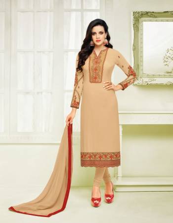 Here Is The Perfect Straight Cut Suit For Festive Wear. This Dress Material Is In Beige Color Paired With beige Colored Bottom And Dupatta. Its Top Is Fabricated On Georgette Paired With Santoon Bottom And Chiffon Dupatta. It Is Beautified With Contrasting Colored Embroidery. Buy It Now.