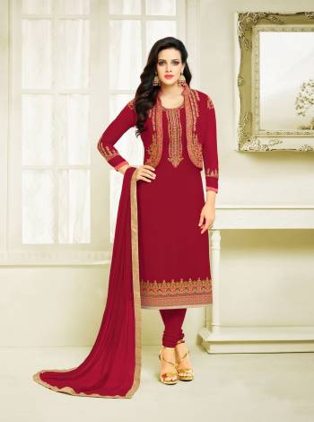 Rich Looking Straight Cut Suit Is Here In Maroon Color Paired With Maroon Colored Bottom And Dupatta. Its Top Is Fabricated On Georgette With Koti Pattern And Embroidery Paired With Santoon Bottom and Chiffon Dupatta. This Dress Material Is Light In Weight And Get This Stitched As Per Your Desired Fit And Comfort.