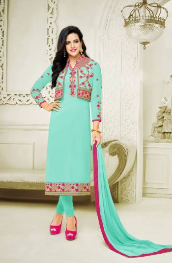 Sweet And Elegant Looking Color Is Here In This Dress Material. This Dress Material Is In Aqua Blue Color Paired With Aqua Blue Colored Bottom And Dupatta. Its Top Is Fabricated On Georgette Paired With Santoon Bottom And Chiffon Dupatta. Its Has Contrasting Colored Embroidery Which Is Making The Suit Attractive.