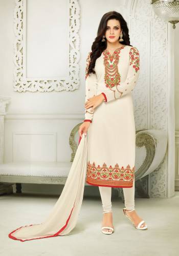 Simplicity Is The Key To Elegance, So Grab This Simple And Elegant Looking Straight Cut Suit In White Color Paired With White Colored Bottom And Dupatta. Its Top Is Fabricated On Georgette Paired With Santoon Bottom And Chiffon Dupatta. Get This Stitched As Per Your Desired Fit And Comfort.