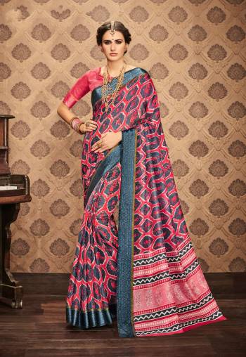 Here Is Loveky Printed Saree In Pink And Grey Color Paired With Pink Colored Blouse. This Saree And Blouse Are Fabricated On Kota Art Silk Beautified With Prints. It Is Light In Weight And Also Easy To Drape And Carry All Day Long.