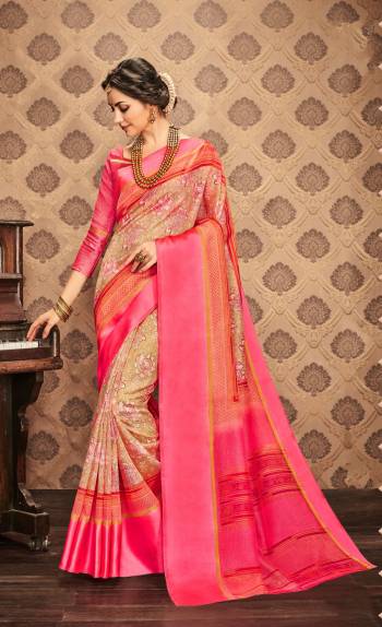 If Your Are A Working Lady Than This Simple And Elegant Saree Is Perfect For You. Grab This Pretty Saree In Beige And Pink Color Paired With Pink Colored Blouse. This Saree And Blouse Are Fabricated On Kota Art Silk Beautified With Bold Floral prints.