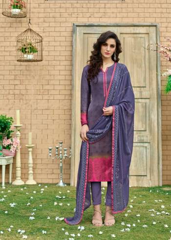 Here Is A Pretty Straight Cut Suit In Light Purple Color Paired With Light Purple Colored Bottom And Dupatta. Its Top Is Fabricated On Satin silk Paired With Crepe Bottom And Chiffon Dupatta. Its All Three Fabrics Ensures Superb Comfort All Day Long. Buy Now. 