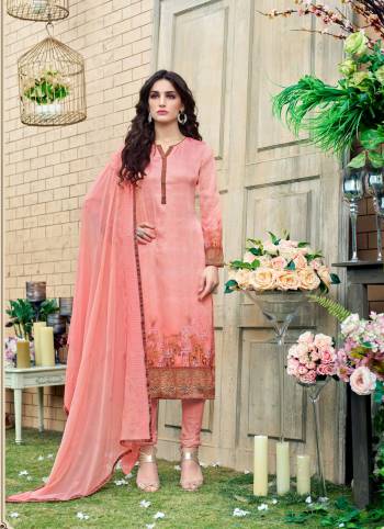 Most Demanding Color Of The Season Is Here With This Straight Cut Suit In Peach Color Paired With Peach Colored Bottom And Dupatta. Its Top Is Fabricated On Satin Silk Paired With Crepe Bottom And Chiffon Dupatta. Get This Dress Material Stitched As Per Your Desired Fit And Comfort.