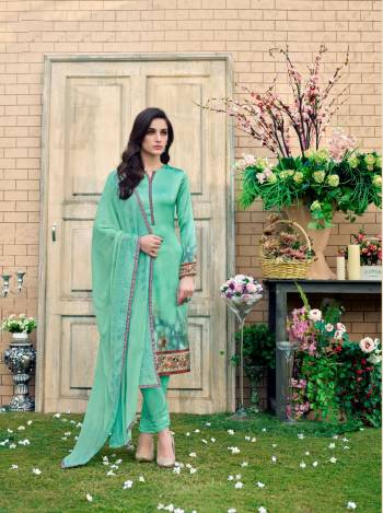 Add This Very Pretty Colored Suit To Your Wardrobe In Sea Green Color Paired With Sea Green Colored Bottom And Dupatta. Its Top Is Fabricated On Satin Silk Paired With Crepe Bottom And Chiffon Dupatta. Get This Stitched As Per Your Desired Comfort And Wear This As Per Your Suitable Function.